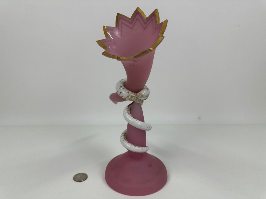 Antique Opaline Glass: Rare 2-Piece Trumpet Vase With Applied White Snake Stand With Gold Decorations 10.5'H [Photo 7]
