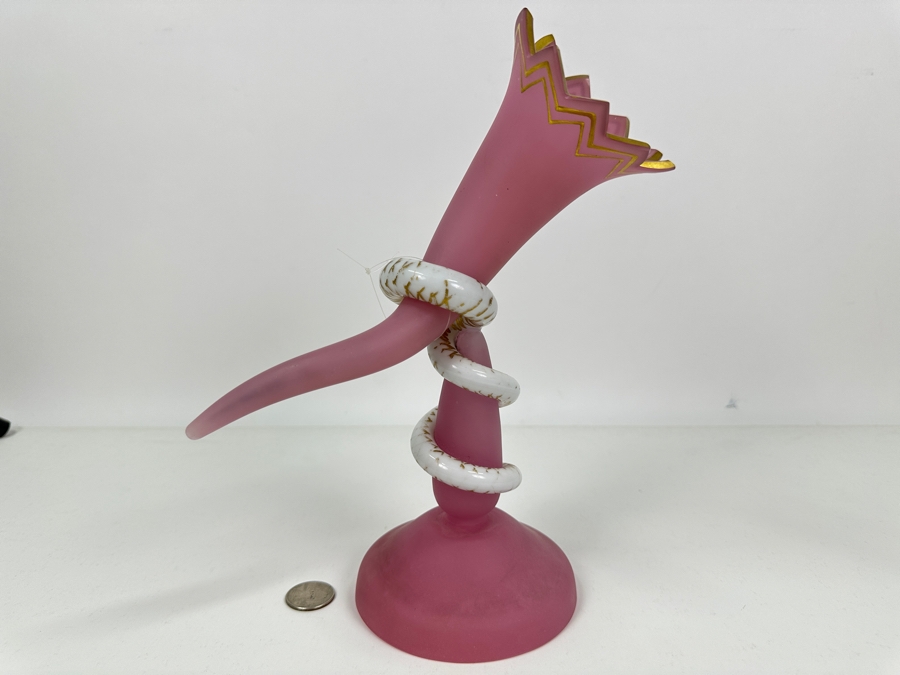 Antique Opaline Glass: Rare 2-Piece Trumpet Vase With Applied White Snake Stand With Gold Decorations 10.5'H [Photo 2]