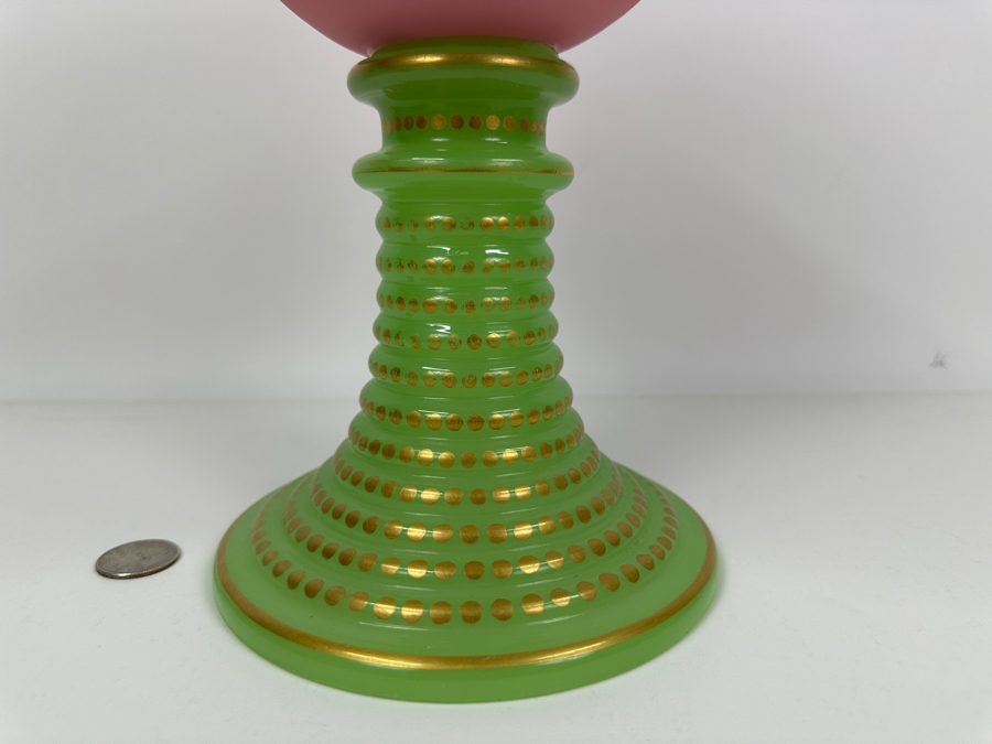 Antique Opaline Glass: Large Pink & Green Chalice With Gold Dots And Trim 11.5'H Appraised $475 [Photo 2]