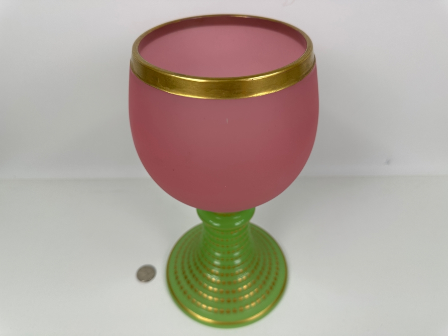 Antique Opaline Glass: Large Pink & Green Chalice With Gold Dots And Trim 11.5'H Appraised $475 [Photo 3]