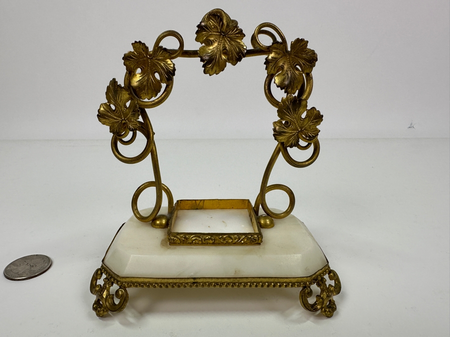 Antique Opaline Glass: Green Ink Well With Hand Painted Lid On Alabaster Base With Dore Feet & Arch With Leaves Handle 5'W X 3'D X 5'H Client Paid $180 [Photo 8]