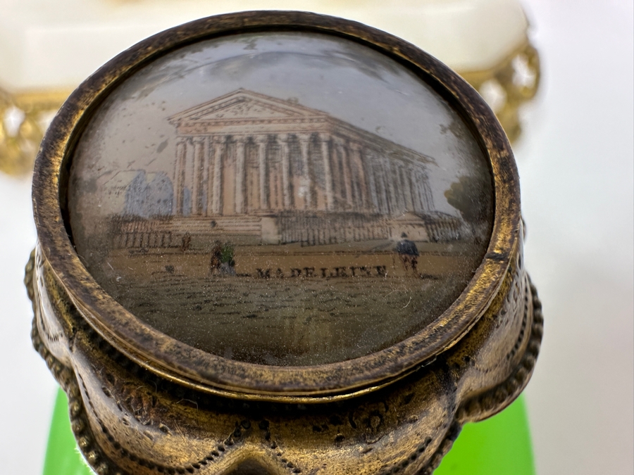 Antique Opaline Glass: Green Ink Well With Hand Painted Lid On Alabaster Base With Dore Feet & Arch With Leaves Handle 5'W X 3'D X 5'H Client Paid $180 [Photo 2]