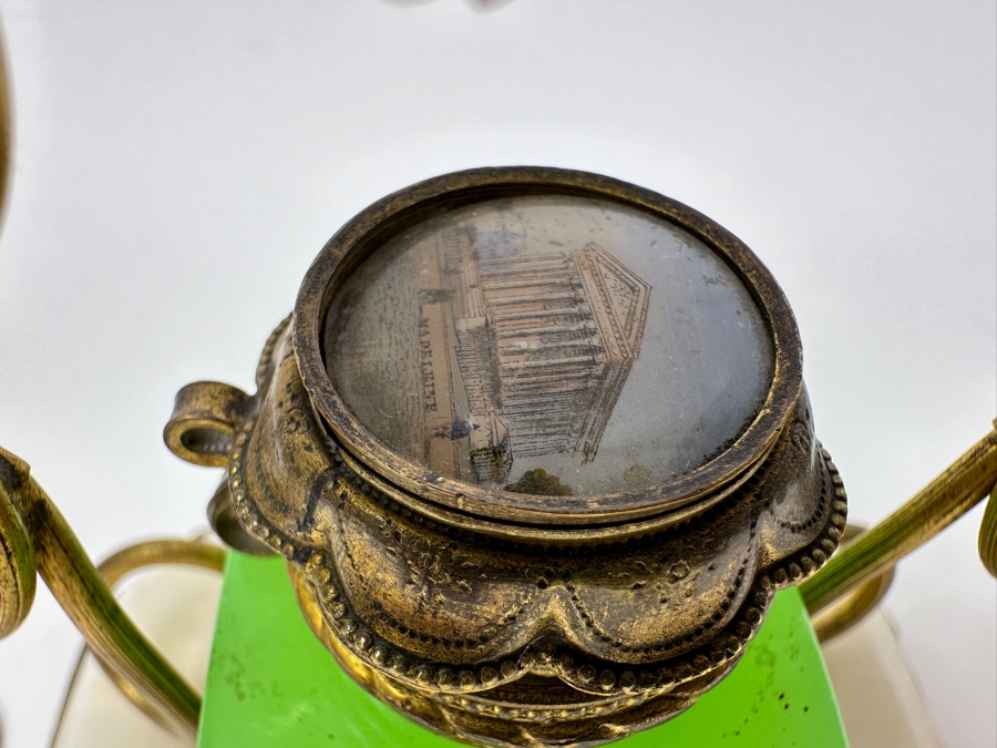 Antique Opaline Glass: Green Ink Well With Hand Painted Lid On Alabaster Base With Dore Feet & Arch With Leaves Handle 5'W X 3'D X 5'H Client Paid $180 [Photo 5]
