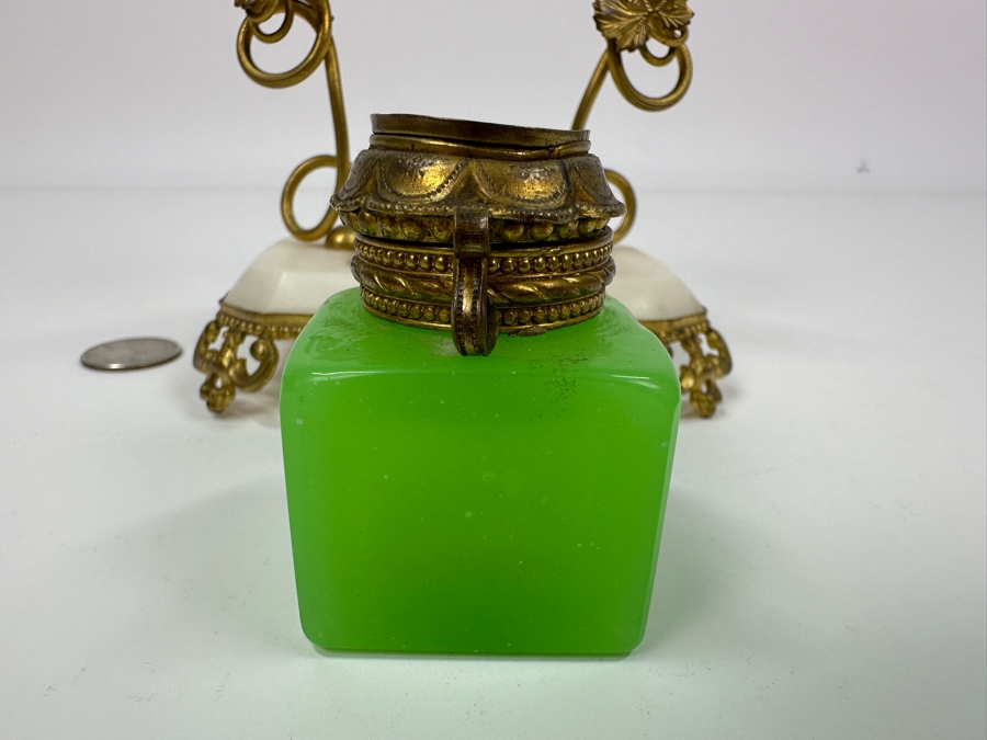 Antique Opaline Glass: Green Ink Well With Hand Painted Lid On Alabaster Base With Dore Feet & Arch With Leaves Handle 5'W X 3'D X 5'H Client Paid $180 [Photo 7]