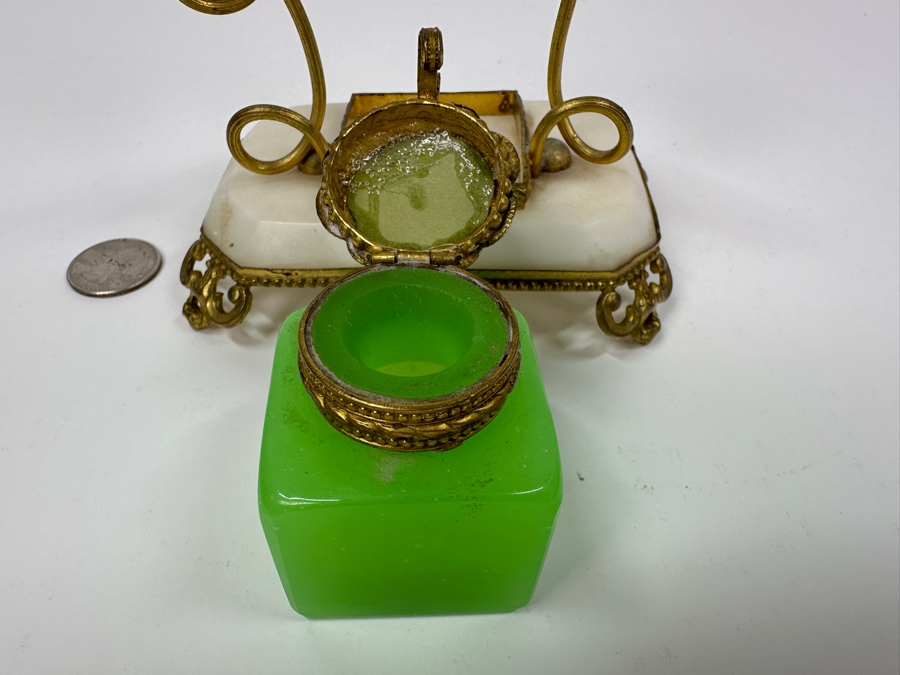 Antique Opaline Glass: Green Ink Well With Hand Painted Lid On Alabaster Base With Dore Feet & Arch With Leaves Handle 5'W X 3'D X 5'H Client Paid $180 [Photo 10]