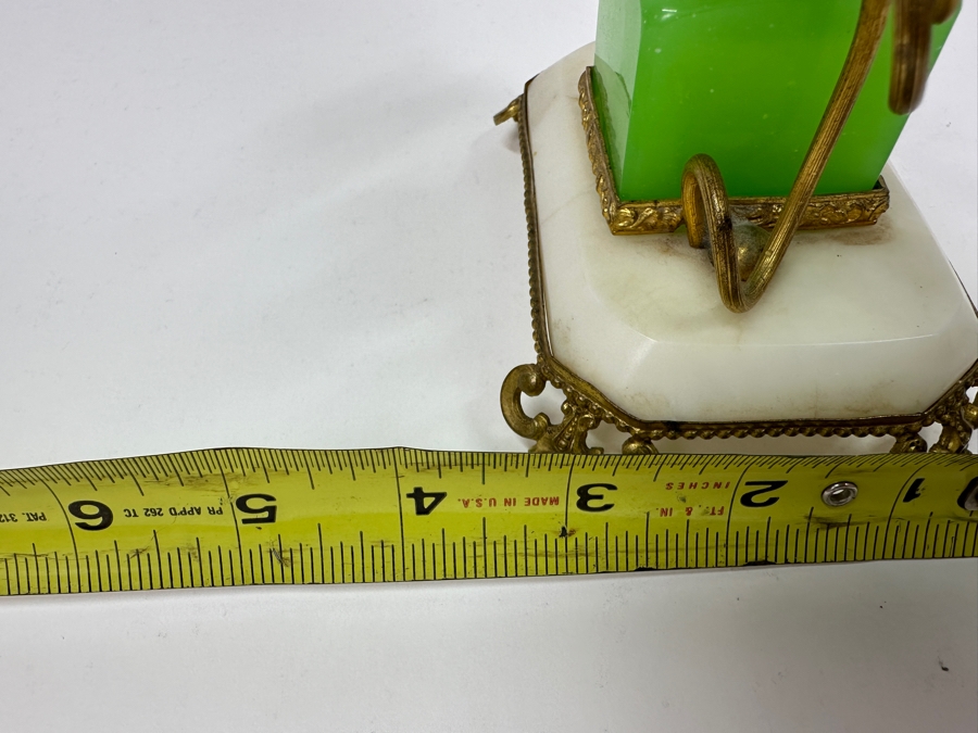 Antique Opaline Glass: Green Ink Well With Hand Painted Lid On Alabaster Base With Dore Feet & Arch With Leaves Handle 5'W X 3'D X 5'H Client Paid $180 [Photo 13]