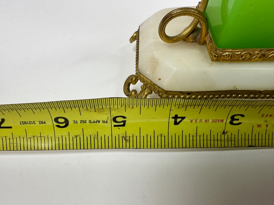 Antique Opaline Glass: Green Ink Well With Hand Painted Lid On Alabaster Base With Dore Feet & Arch With Leaves Handle 5'W X 3'D X 5'H Client Paid $180 [Photo 12]