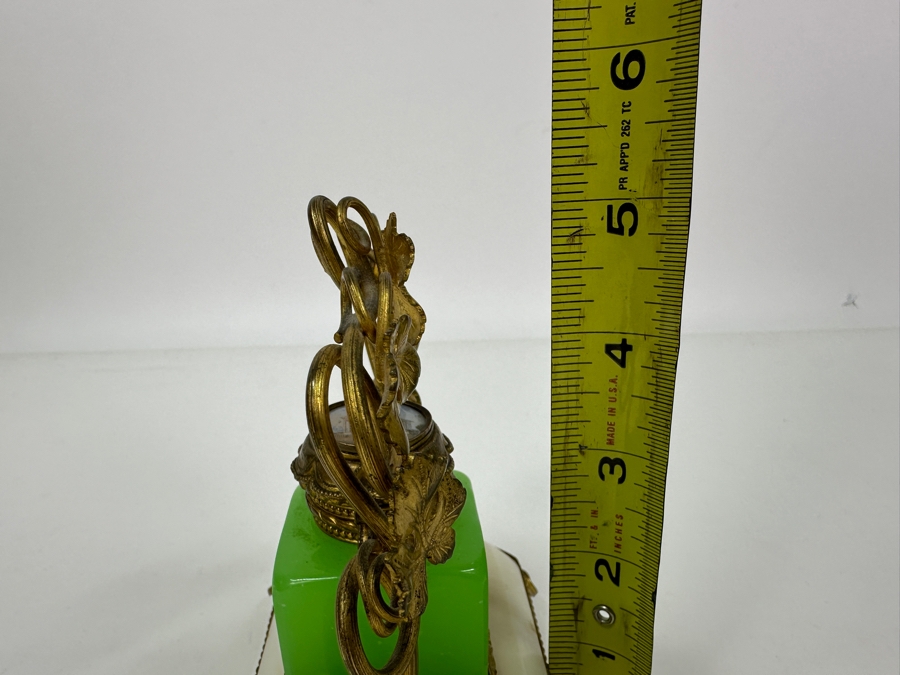 Antique Opaline Glass: Green Ink Well With Hand Painted Lid On Alabaster Base With Dore Feet & Arch With Leaves Handle 5'W X 3'D X 5'H Client Paid $180 [Photo 14]