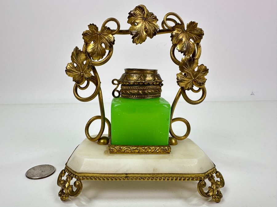 Antique Opaline Glass: Green Ink Well With Hand Painted Lid On Alabaster Base With Dore Feet & Arch With Leaves Handle 5'W X 3'D X 5'H Client Paid $180 [Photo 4]