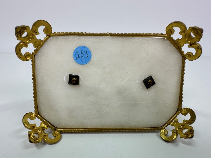 Antique Opaline Glass: Green Ink Well With Hand Painted Lid On Alabaster Base With Dore Feet & Arch With Leaves Handle 5'W X 3'D X 5'H Client Paid $180 [Photo 11]