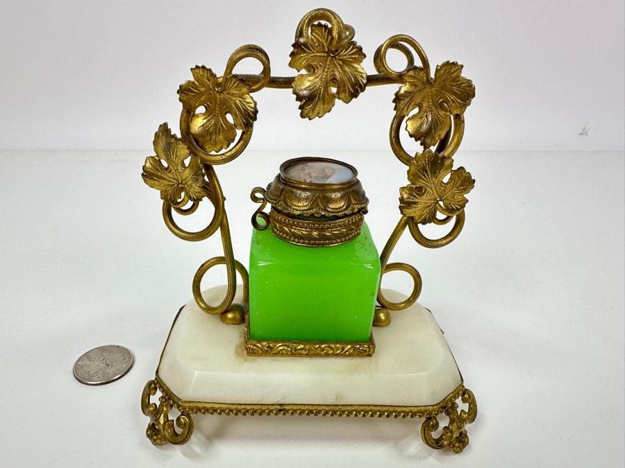 Antique Opaline Glass: Green Ink Well With Hand Painted Lid On Alabaster Base With Dore Feet & Arch With Leaves Handle 5'W X 3'D X 5'H Client Paid $180 [Photo 3]