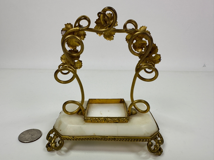 Antique Opaline Glass: Green Ink Well With Hand Painted Lid On Alabaster Base With Dore Feet & Arch With Leaves Handle 5'W X 3'D X 5'H Client Paid $180 [Photo 9]