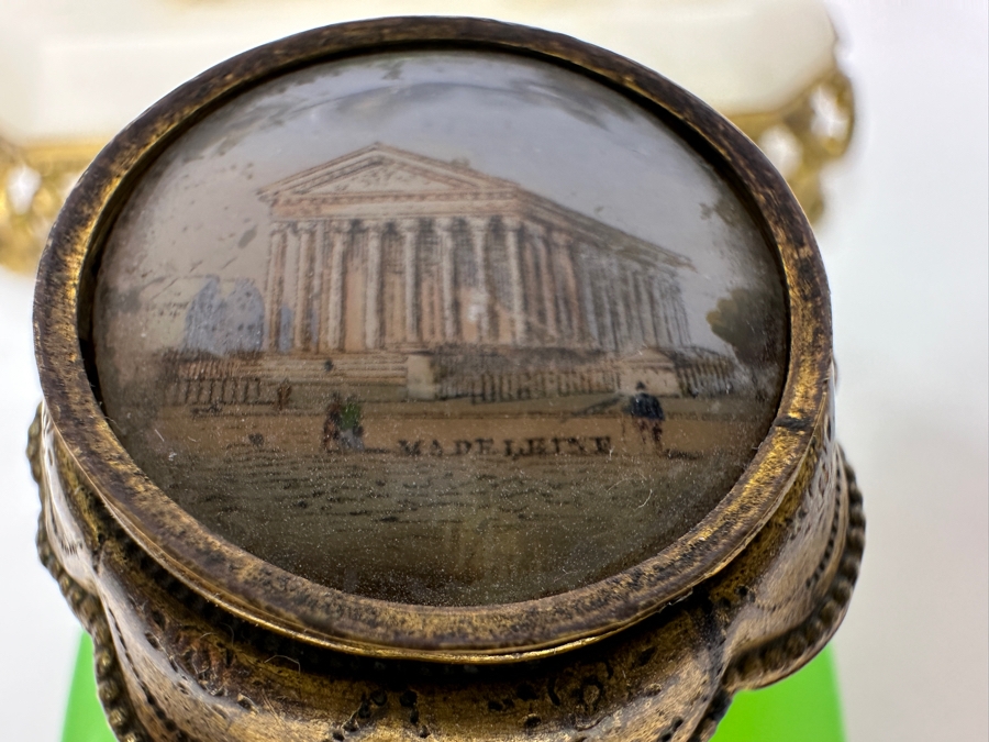 Antique Opaline Glass: Green Ink Well With Hand Painted Lid On Alabaster Base With Dore Feet & Arch With Leaves Handle 5'W X 3'D X 5'H Client Paid $180 [Photo 6]