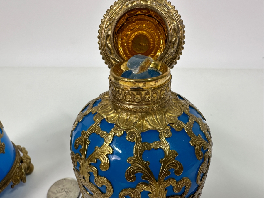 Antique Opaline Glass: Pair Of Stunning Blue Scent Bottles With Boar & Hound Finials Dore Base With Ball Feet Client Paid $1,260 [Photo 13]