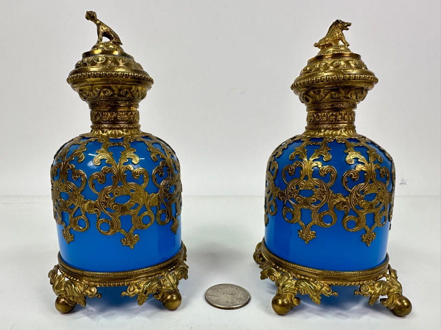 Antique Opaline Glass: Pair Of Stunning Blue Scent Bottles With Boar & Hound Finials Dore Base With Ball Feet Client Paid $1,260 [Photo 2]