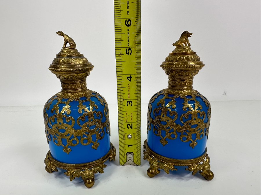 Antique Opaline Glass: Pair Of Stunning Blue Scent Bottles With Boar & Hound Finials Dore Base With Ball Feet Client Paid $1,260 [Photo 18]