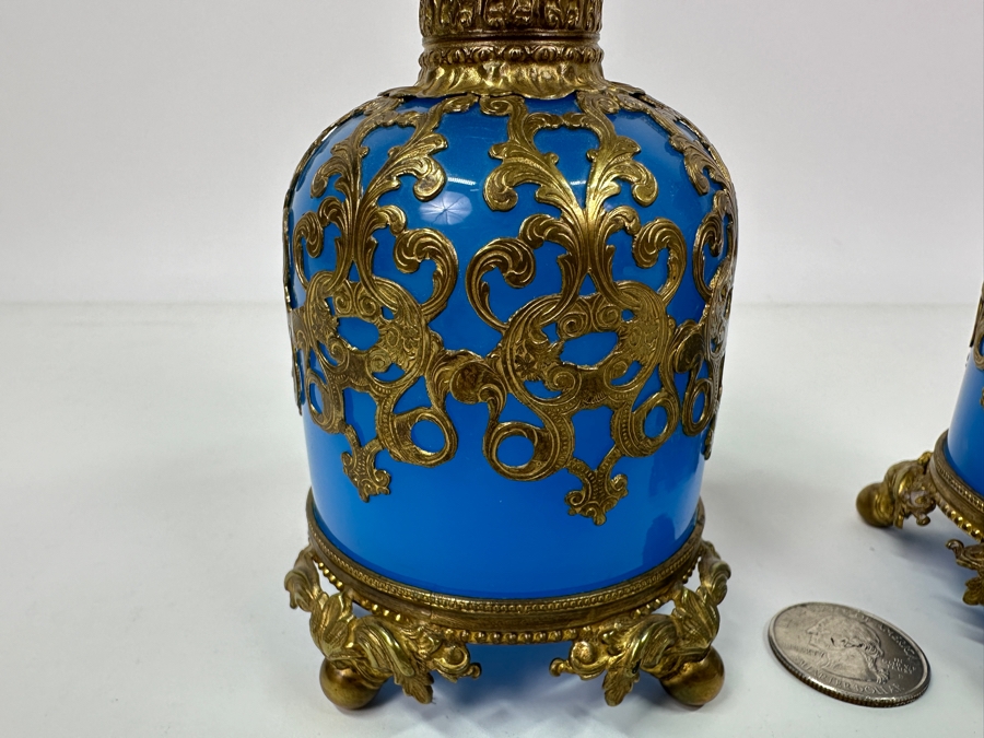 Antique Opaline Glass: Pair Of Stunning Blue Scent Bottles With Boar & Hound Finials Dore Base With Ball Feet Client Paid $1,260 [Photo 7]