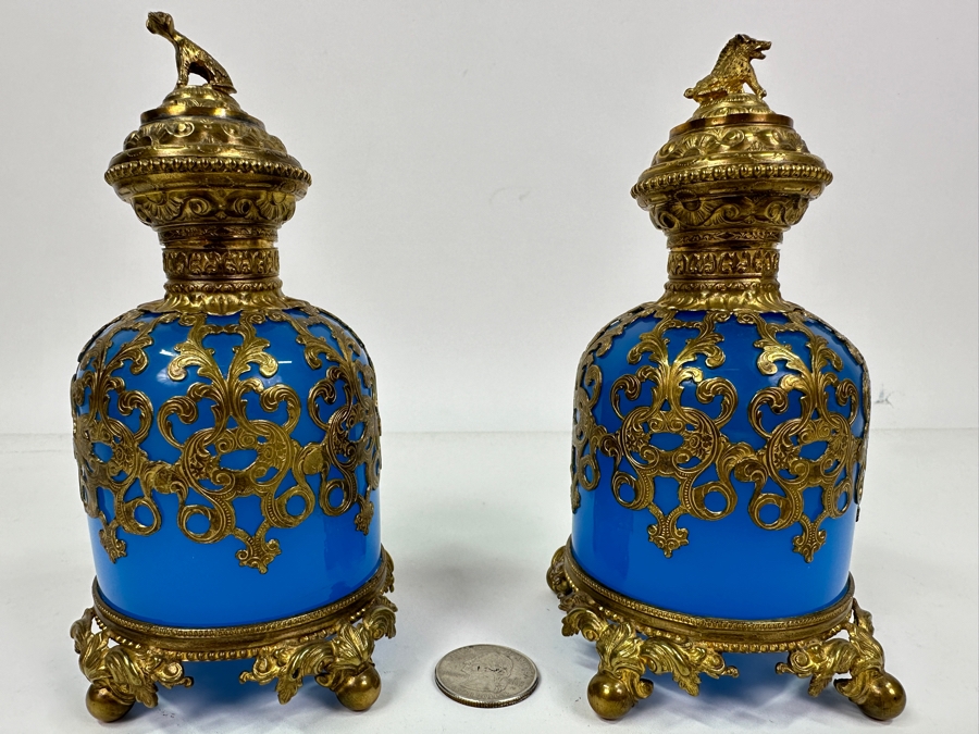 Antique Opaline Glass: Pair Of Stunning Blue Scent Bottles With Boar & Hound Finials Dore Base With Ball Feet Client Paid $1,260 [Photo 3]