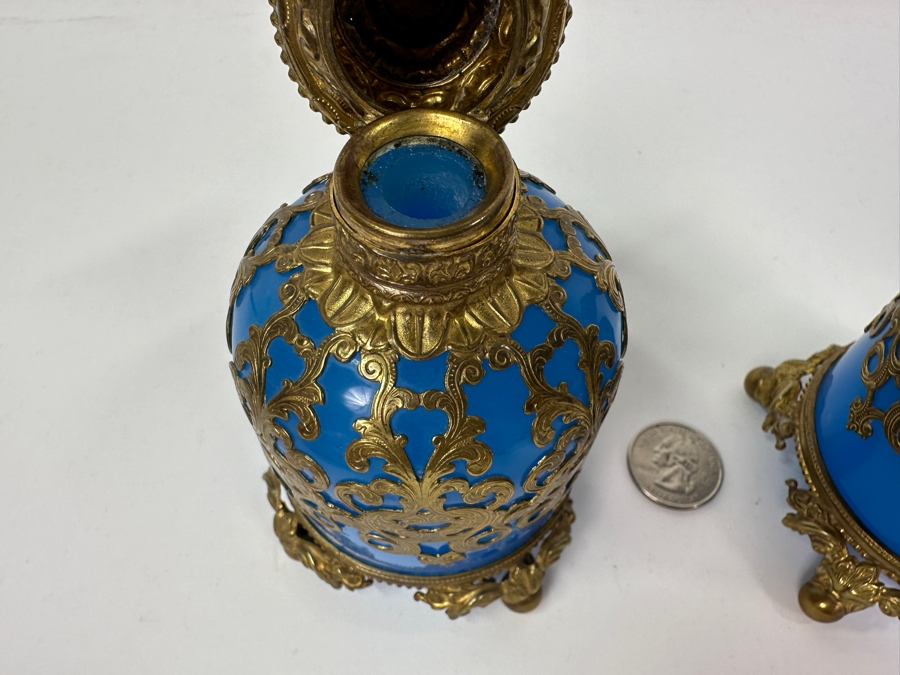 Antique Opaline Glass: Pair Of Stunning Blue Scent Bottles With Boar & Hound Finials Dore Base With Ball Feet Client Paid $1,260 [Photo 15]