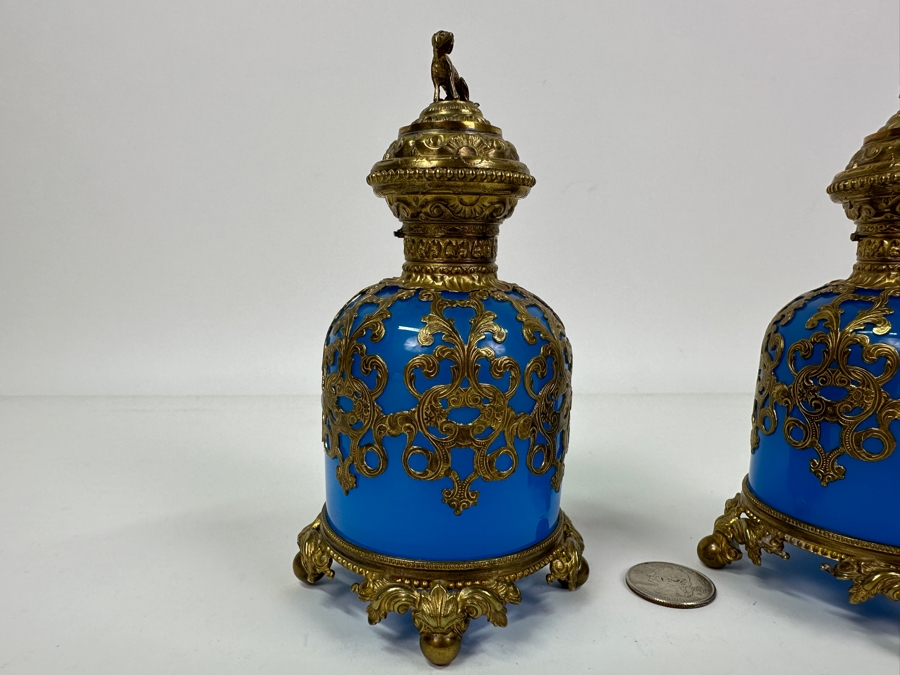 Antique Opaline Glass: Pair Of Stunning Blue Scent Bottles With Boar & Hound Finials Dore Base With Ball Feet Client Paid $1,260 [Photo 10]