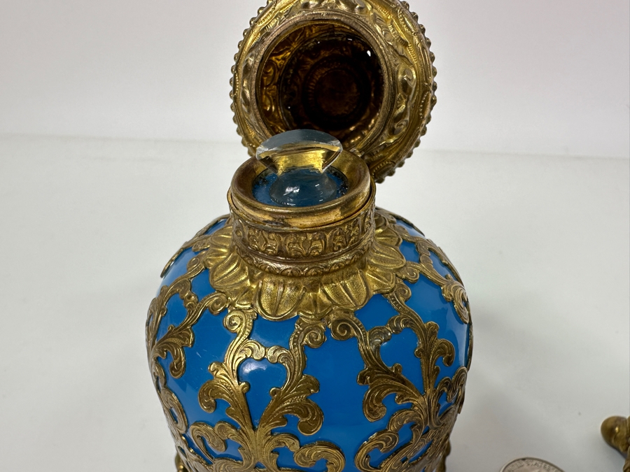 Antique Opaline Glass: Pair Of Stunning Blue Scent Bottles With Boar & Hound Finials Dore Base With Ball Feet Client Paid $1,260 [Photo 12]