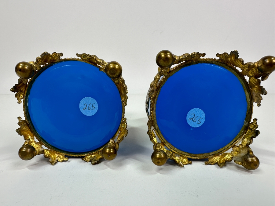 Antique Opaline Glass: Pair Of Stunning Blue Scent Bottles With Boar & Hound Finials Dore Base With Ball Feet Client Paid $1,260 [Photo 17]