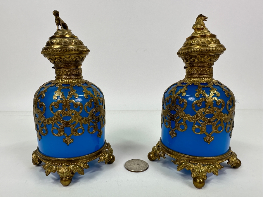 Antique Opaline Glass: Pair Of Stunning Blue Scent Bottles With Boar & Hound Finials Dore Base With Ball Feet Client Paid $1,260 [Photo 9]