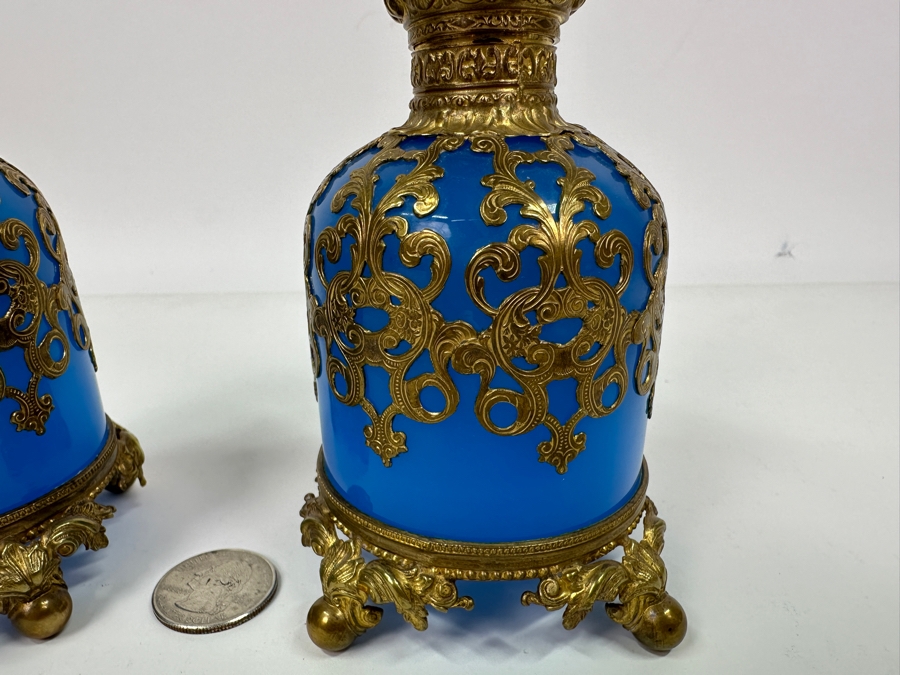 Antique Opaline Glass: Pair Of Stunning Blue Scent Bottles With Boar & Hound Finials Dore Base With Ball Feet Client Paid $1,260 [Photo 8]
