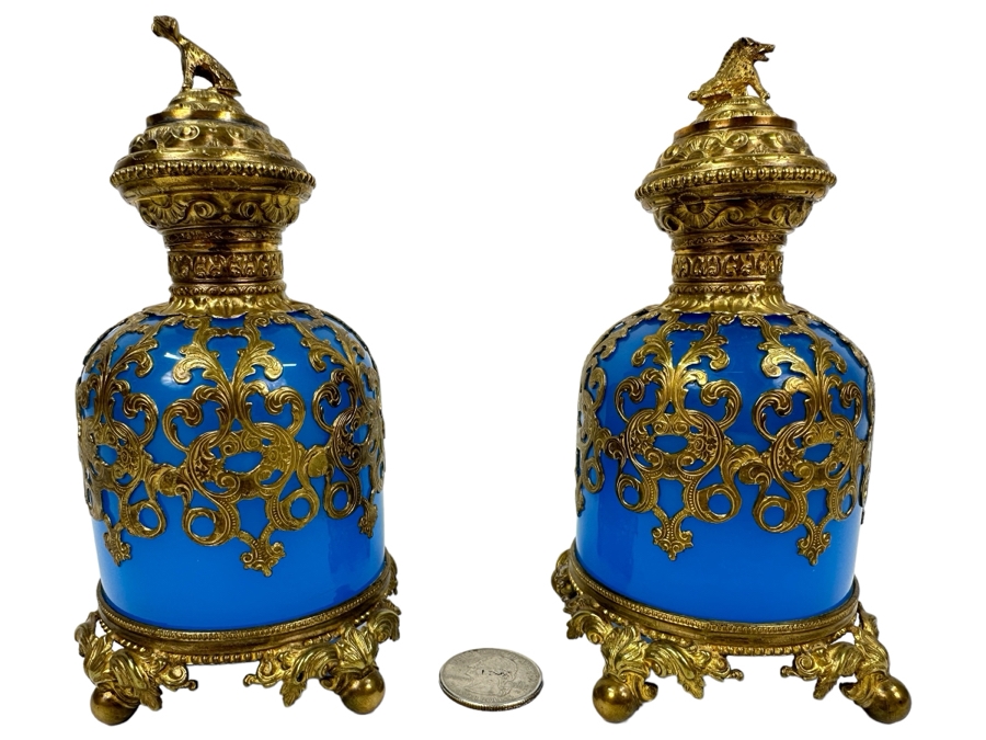 Antique Opaline Glass: Pair Of Stunning Blue Scent Bottles With Boar & Hound Finials Dore Base With Ball Feet Client Paid $1,260