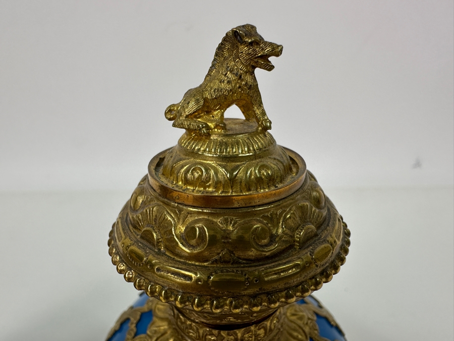 Antique Opaline Glass: Pair Of Stunning Blue Scent Bottles With Boar & Hound Finials Dore Base With Ball Feet Client Paid $1,260 [Photo 5]