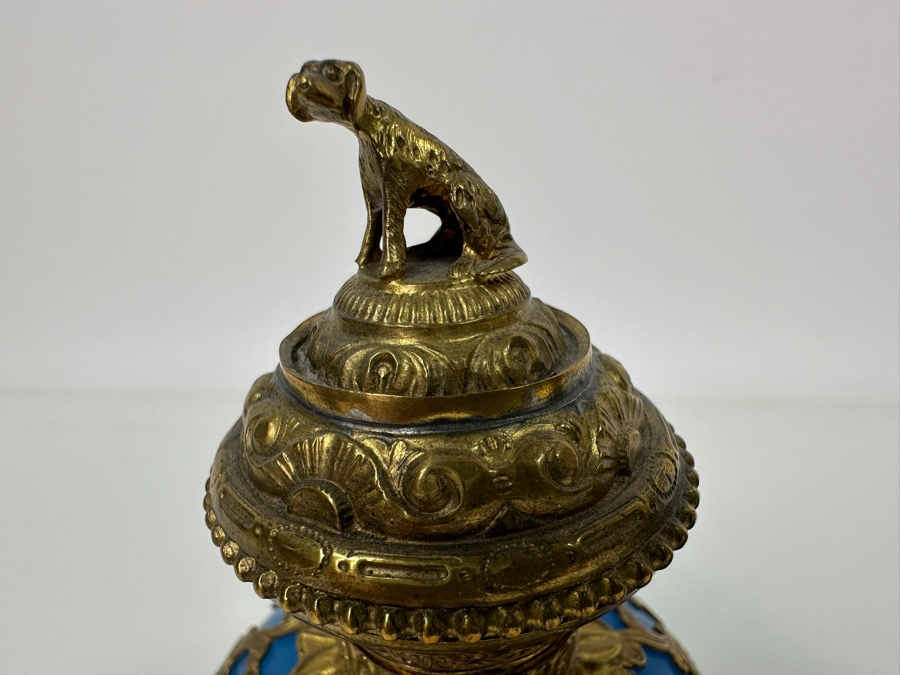 Antique Opaline Glass: Pair Of Stunning Blue Scent Bottles With Boar & Hound Finials Dore Base With Ball Feet Client Paid $1,260 [Photo 6]