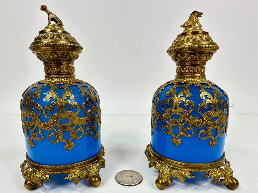 Antique Opaline Glass: Pair Of Stunning Blue Scent Bottles With Boar & Hound Finials Dore Base With Ball Feet Client Paid $1,260 [Photo 4]