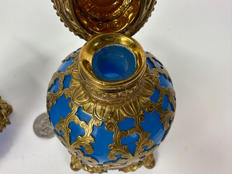 Antique Opaline Glass: Pair Of Stunning Blue Scent Bottles With Boar & Hound Finials Dore Base With Ball Feet Client Paid $1,260 [Photo 14]