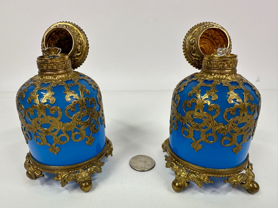 Antique Opaline Glass: Pair Of Stunning Blue Scent Bottles With Boar & Hound Finials Dore Base With Ball Feet Client Paid $1,260 [Photo 11]