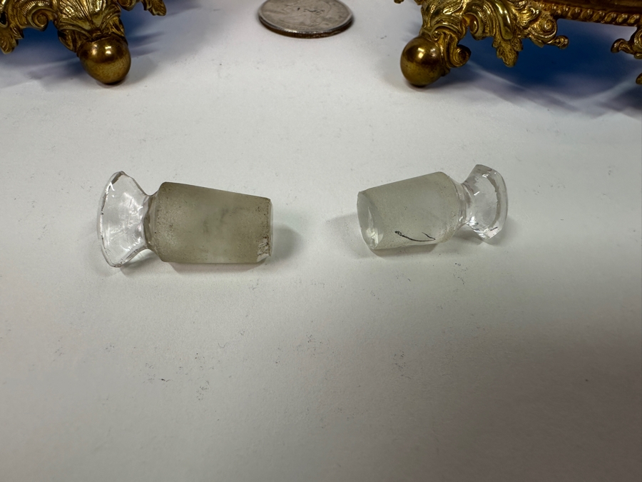 Antique Opaline Glass: Pair Of Stunning Blue Scent Bottles With Boar & Hound Finials Dore Base With Ball Feet Client Paid $1,260 [Photo 16]