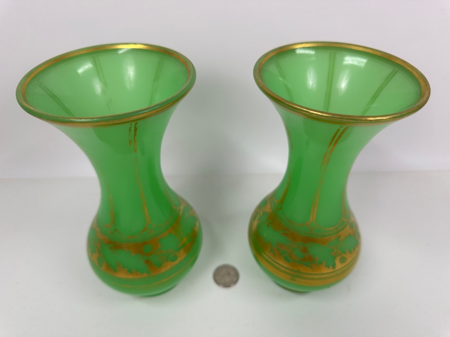 Antique Opaline Glass: Pair Of Green Vases With Gold Decor 8'H Appraised $625 [Photo 5]