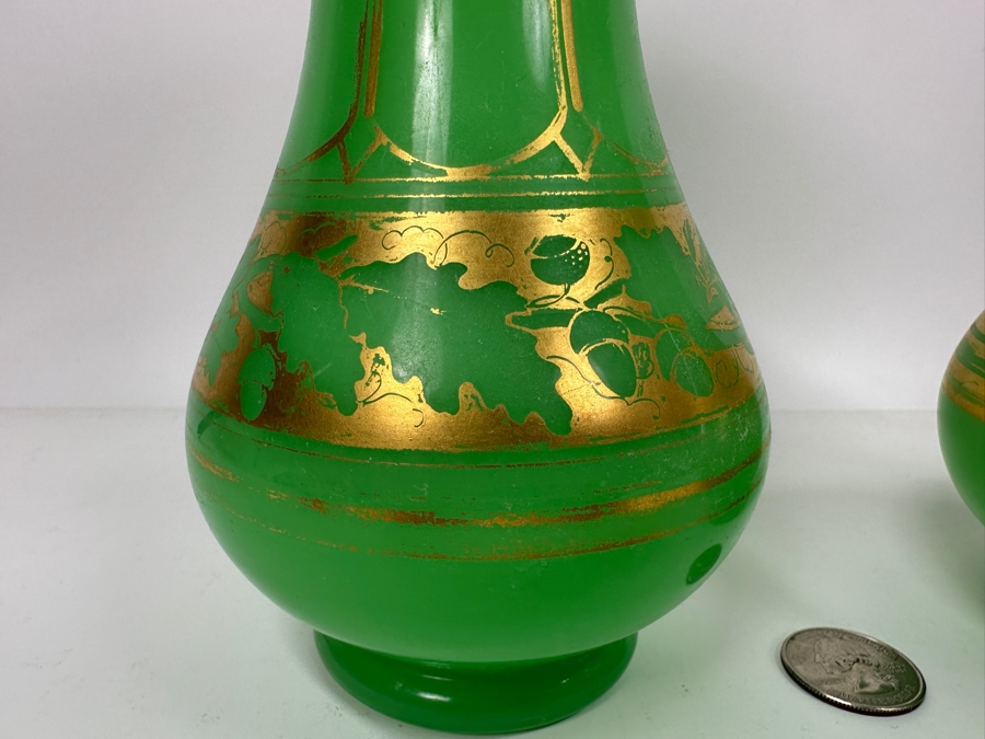 Antique Opaline Glass: Pair Of Green Vases With Gold Decor 8'H Appraised $625 [Photo 3]