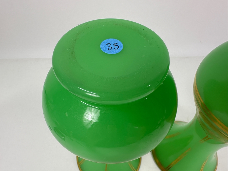 Antique Opaline Glass: Pair Of Green Vases With Gold Decor 8'H Appraised $625 [Photo 7]