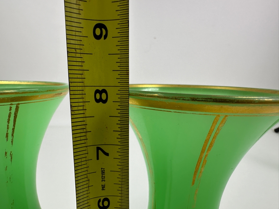 Antique Opaline Glass: Pair Of Green Vases With Gold Decor 8'H Appraised $625 [Photo 8]