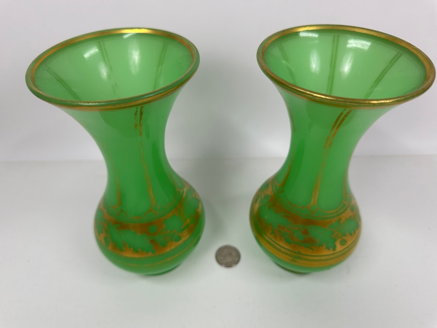 Antique Opaline Glass: Pair Of Green Vases With Gold Decor 8'H Appraised $625 [Photo 4]