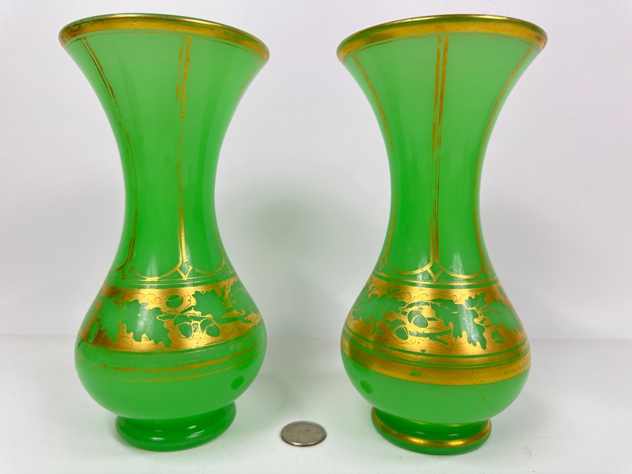 Antique Opaline Glass: Pair Of Green Vases With Gold Decor 8'H Appraised $625 [Photo 2]