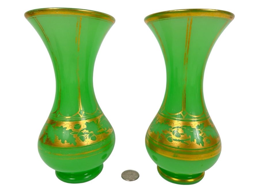Antique Opaline Glass: Pair Of Green Vases With Gold Decor 8'H Appraised $625