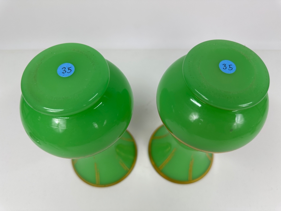 Antique Opaline Glass: Pair Of Green Vases With Gold Decor 8'H Appraised $625 [Photo 6]