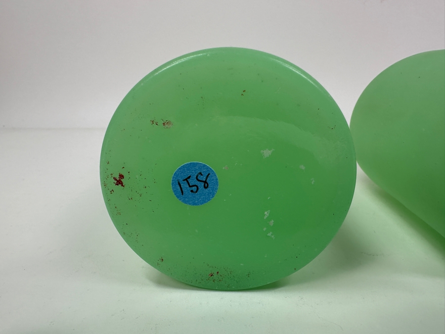 Antique Opaline Glass: Pair Of Green Matte Bottles With Stoppers 7'H Appraised $180 [Photo 9]