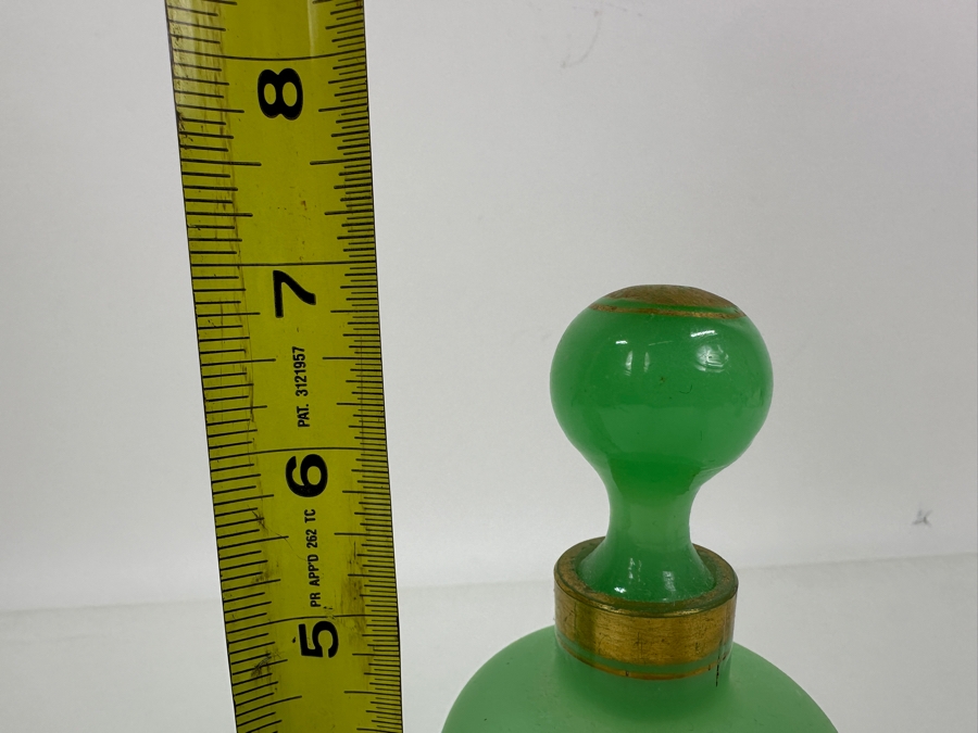Antique Opaline Glass: Pair Of Green Matte Bottles With Stoppers 7'H Appraised $180 [Photo 10]