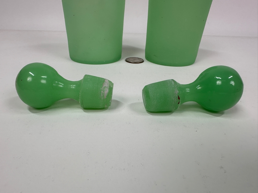 Antique Opaline Glass: Pair Of Green Matte Bottles With Stoppers 7'H Appraised $180 [Photo 5]