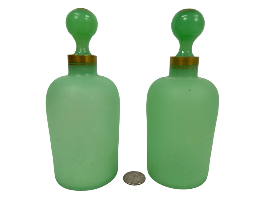Antique Opaline Glass: Pair Of Green Matte Bottles With Stoppers 7'H Appraised $180