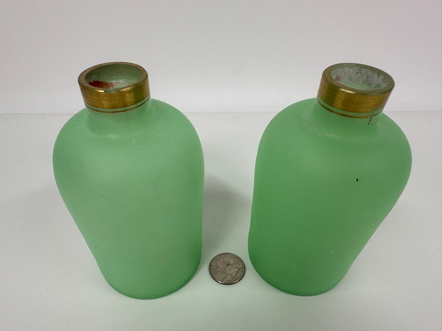 Antique Opaline Glass: Pair Of Green Matte Bottles With Stoppers 7'H Appraised $180 [Photo 7]