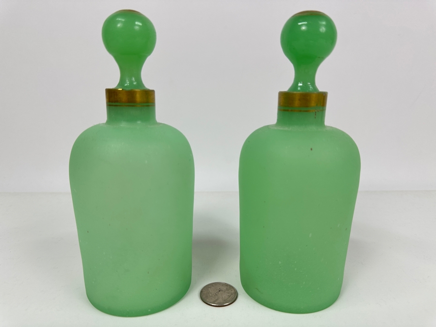 Antique Opaline Glass: Pair Of Green Matte Bottles With Stoppers 7'H Appraised $180 [Photo 2]