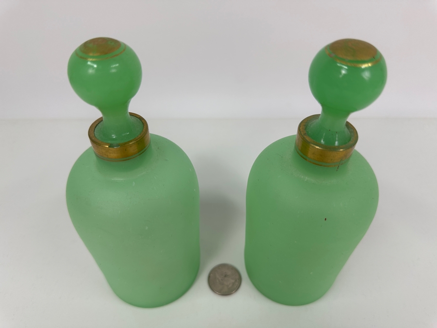 Antique Opaline Glass: Pair Of Green Matte Bottles With Stoppers 7'H Appraised $180 [Photo 3]